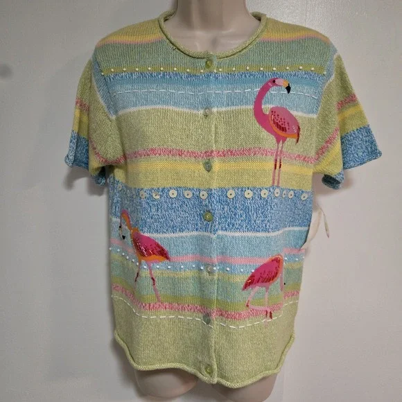 Susan Bristol Size S Short Sleeve Sweater Cardigan Beaded Flamingos 2001 NEW - Picture 1 of 8